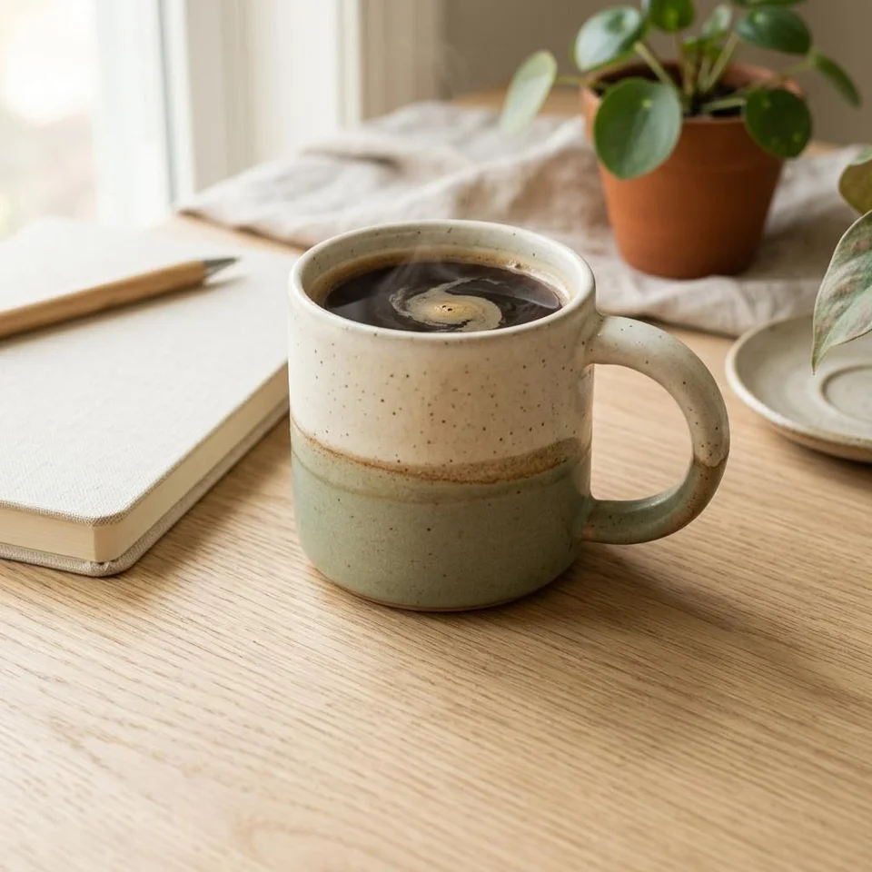 Illustrative ivory and sage ceramic mug on a sunlit work desk.