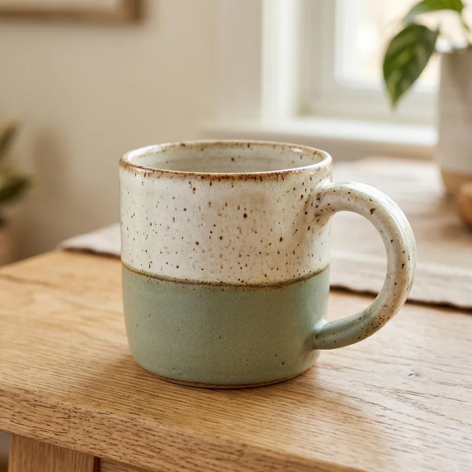 Illustrative close-up of the ceramic mug's speckled glaze, rim and rounded handle.