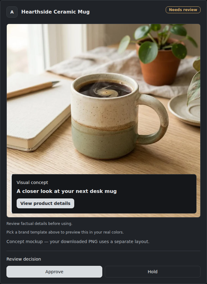 Actual Madly ad review component showing a fictional Hearthside Ceramic Mug draft in the needs-review state, with approval and hold controls.